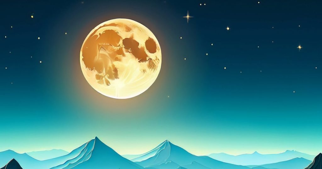 まるで萩の月のような山の上にのぼった満月のイラスト